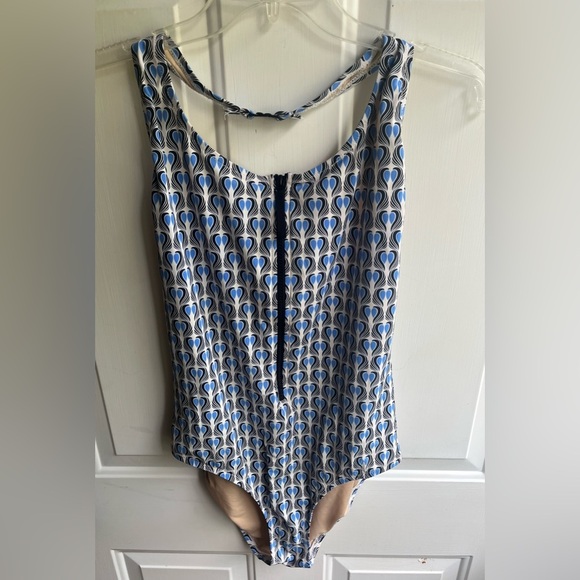 J. Crew NWOT Women’s White and Blue Print Zip Front Halter Swimsuit Size 10‎ - Picture 1 of 5